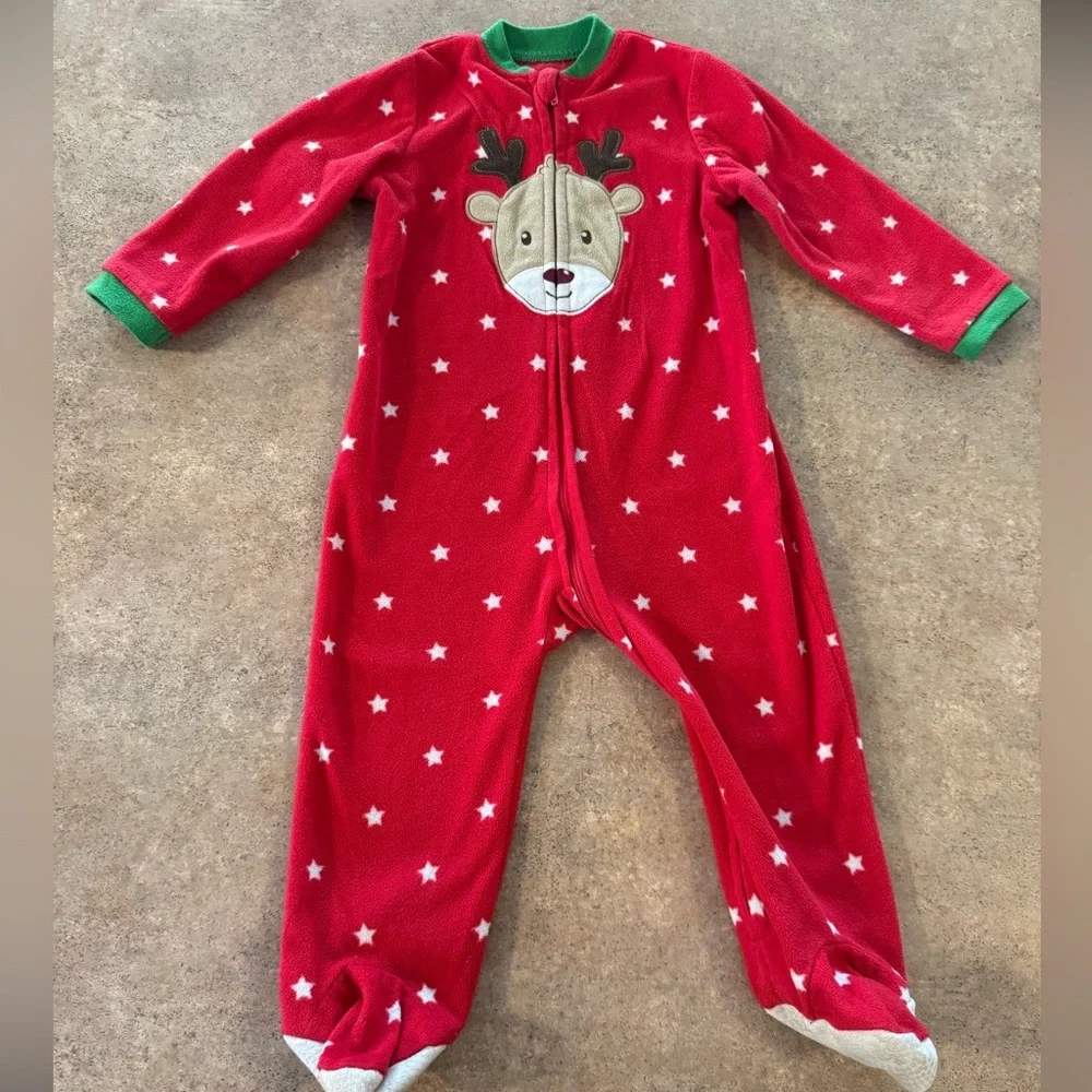 Little Me - Red Fleece Infant Holiday Starry Reindeer Footie, Size 18M